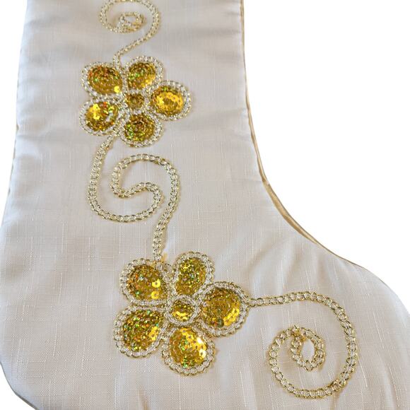 Gold White Christmas Stocking Sequin Floral 17" Satin Beaded Holiday Decor - Picture 10 of 12